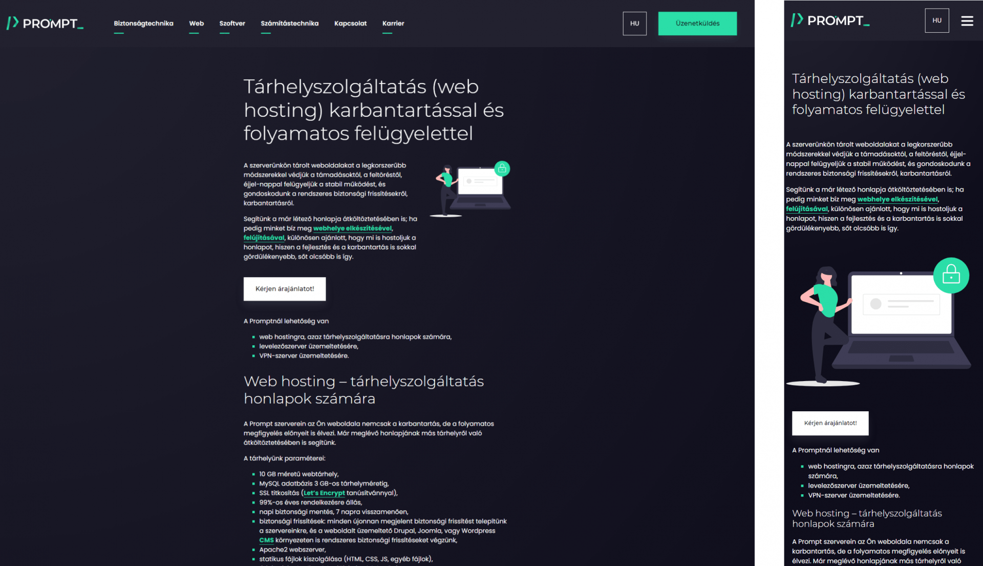 A Prompt.hu egyik oldalának desktopos és mobilos megjelenítése