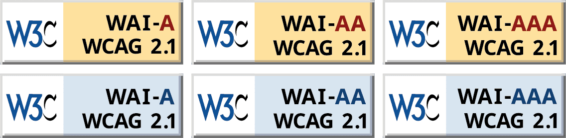 W3C WAI-A, WAI-AA, WAI-AAA WCAG 2.1 logók sárga és világoskék színben
