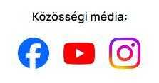 "Közösségi média:" cím alatt a Facebook, a YouTube és az Insta logója